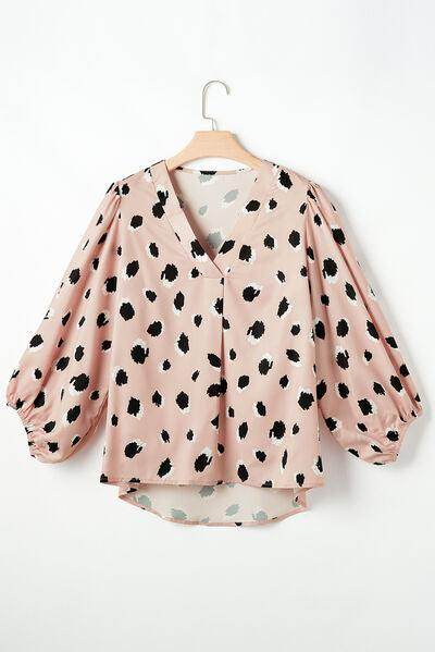 Contrast Animal Print V-Neck Long Sleeve Blouse for Women - Selvanelle