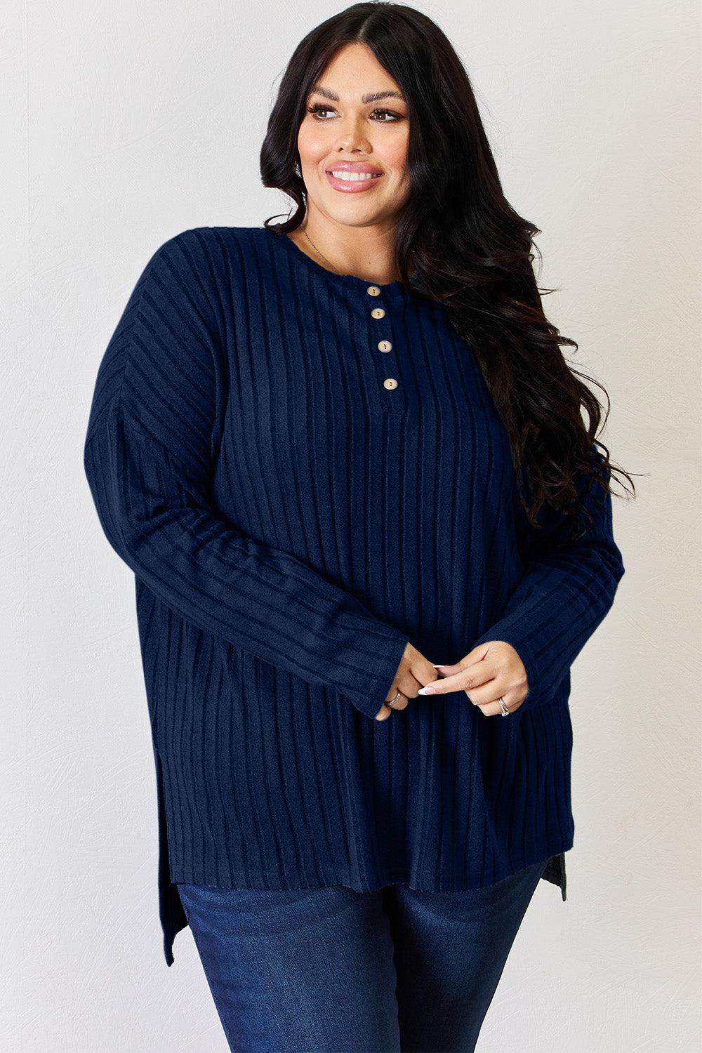 Basic Bae Full Size Ribbed Half Button Long Sleeve T-Shirt - Selvanelle