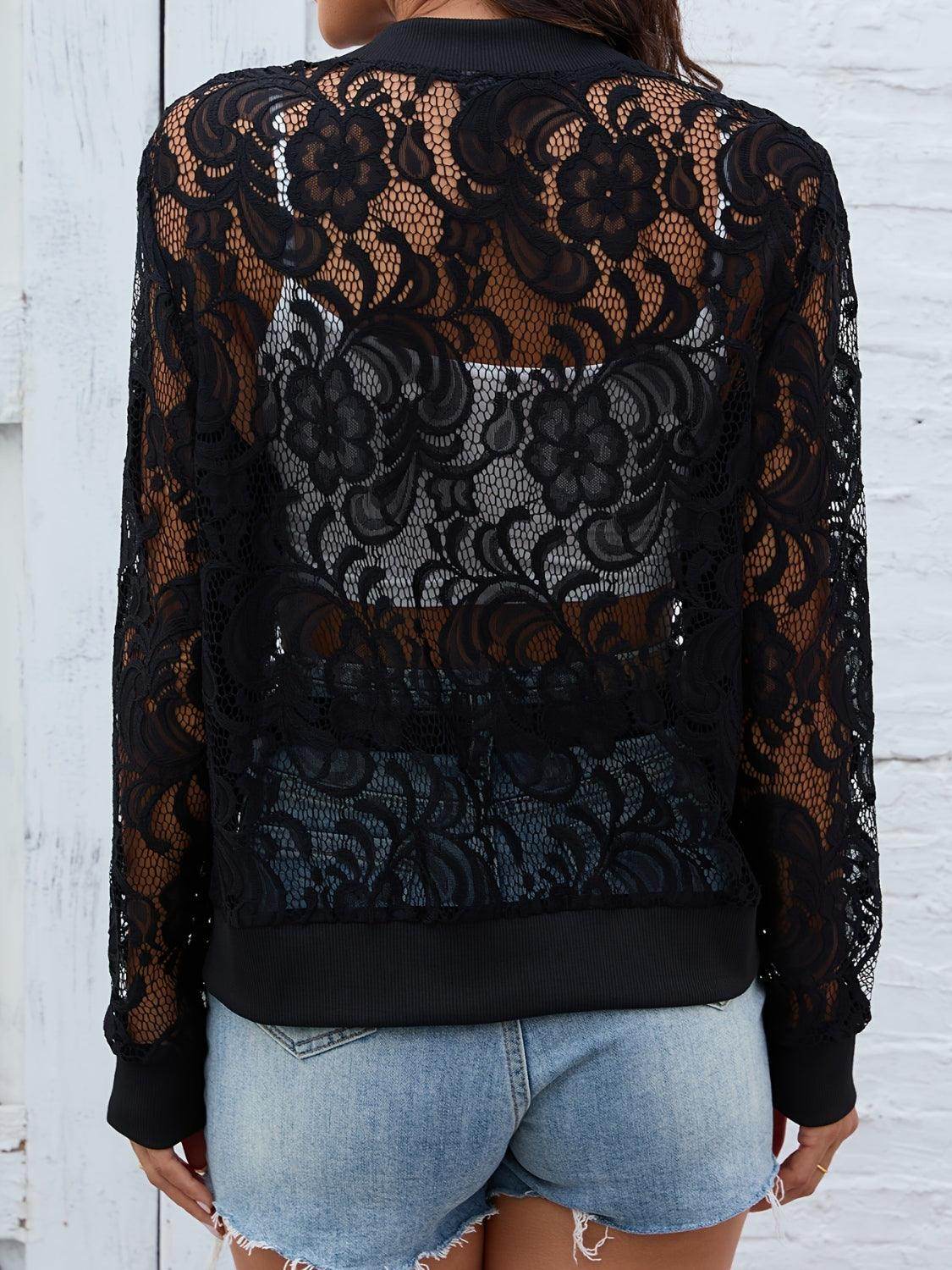 Sheer Lace Zip Up Long Sleeve Jacket for Women Fashion - Selvanelle
