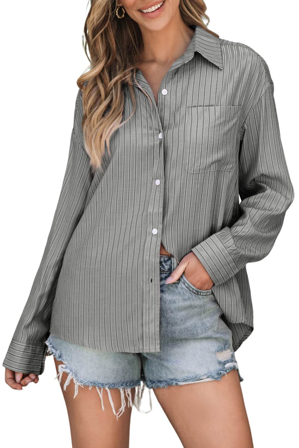 Striped Button Up Long Sleeve Shirt - Selvanelle