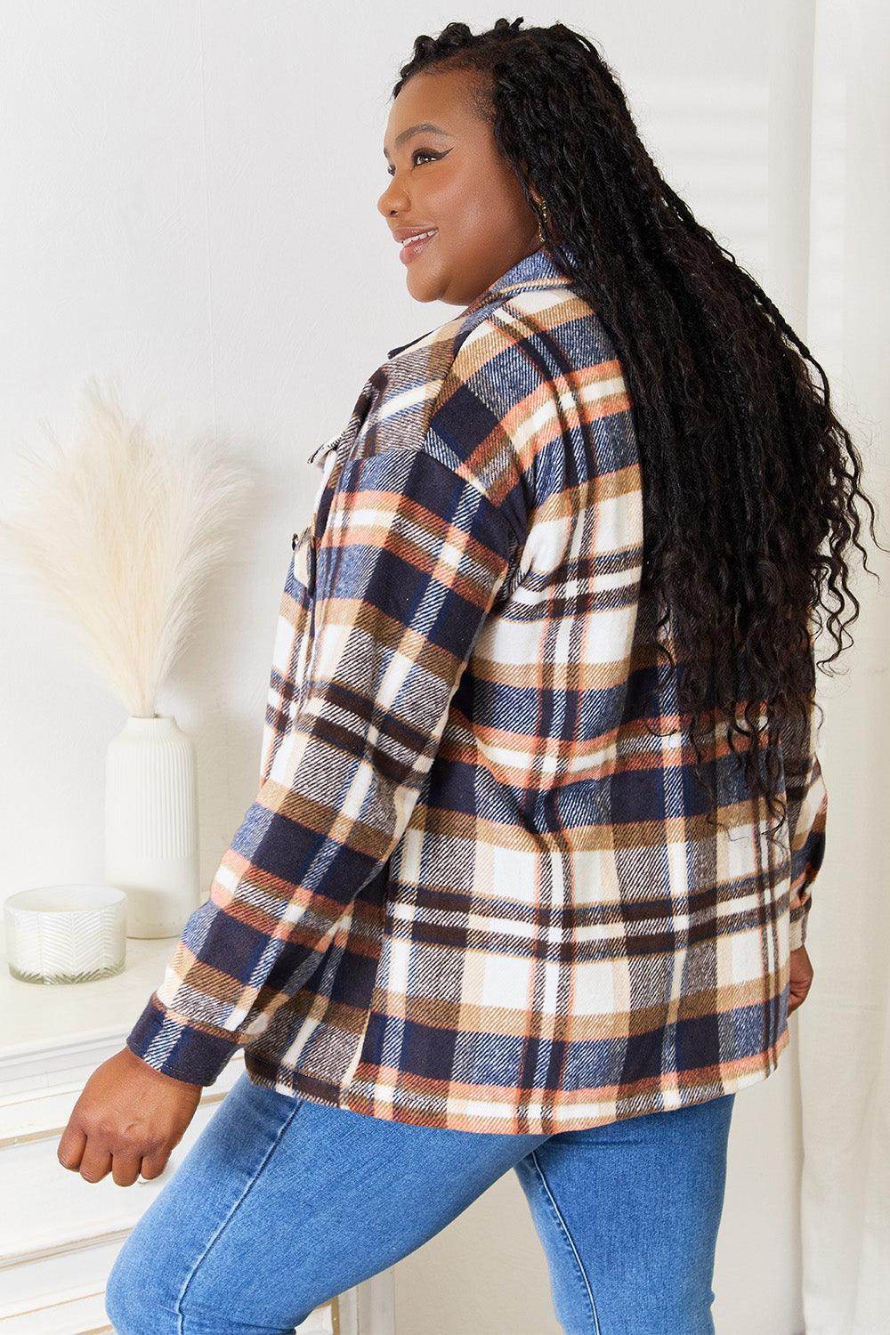 Double Take Plaid Button Front Shirt Jacket with Breast Pockets - Selvanelle