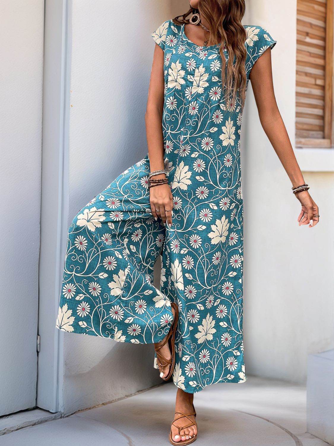 Perfee Printed Round Neck Cap Sleeve Wide Leg Jumpsuit - Selvanelle