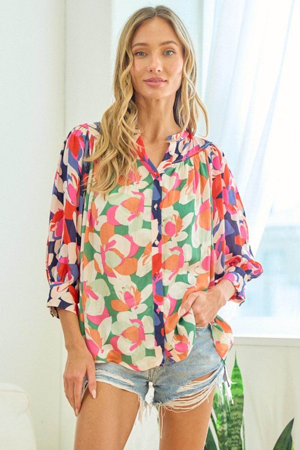 First Love Full Size Floral Button Down Satin Shirt for Women - Selvanelle