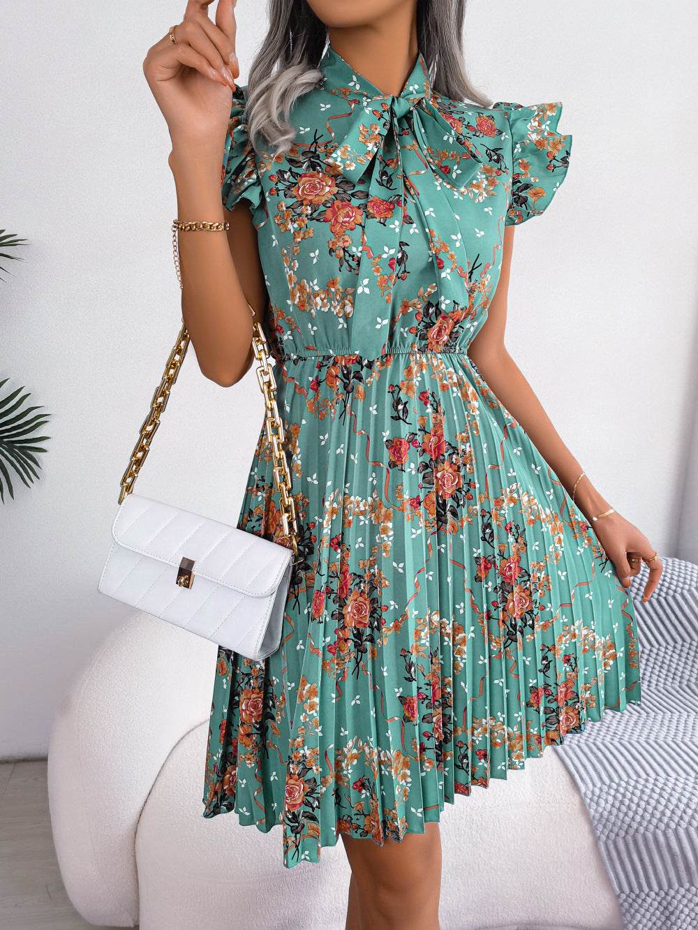 Pleated Floral Printed Tie Neck Knee Length Dress - Selvanelle