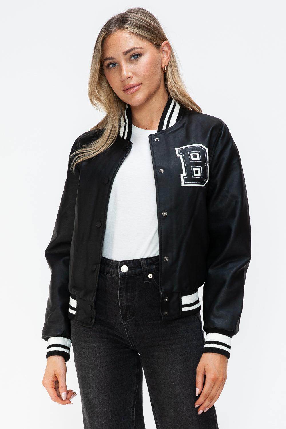 Love Me Now PU Leather Contrast Snap Down Bomber Jacket - Selvanelle