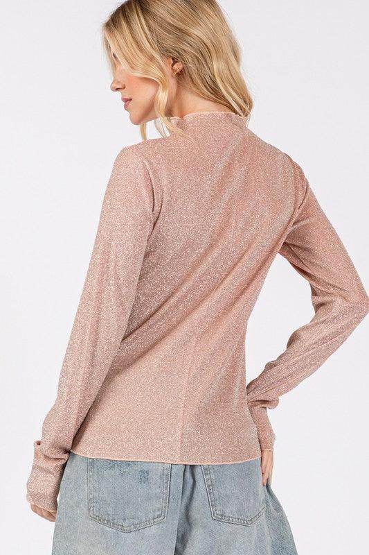 SAGE + FIG Glitter Mock Neck Lettuce Hem Long Sleeve Top - Selvanelle