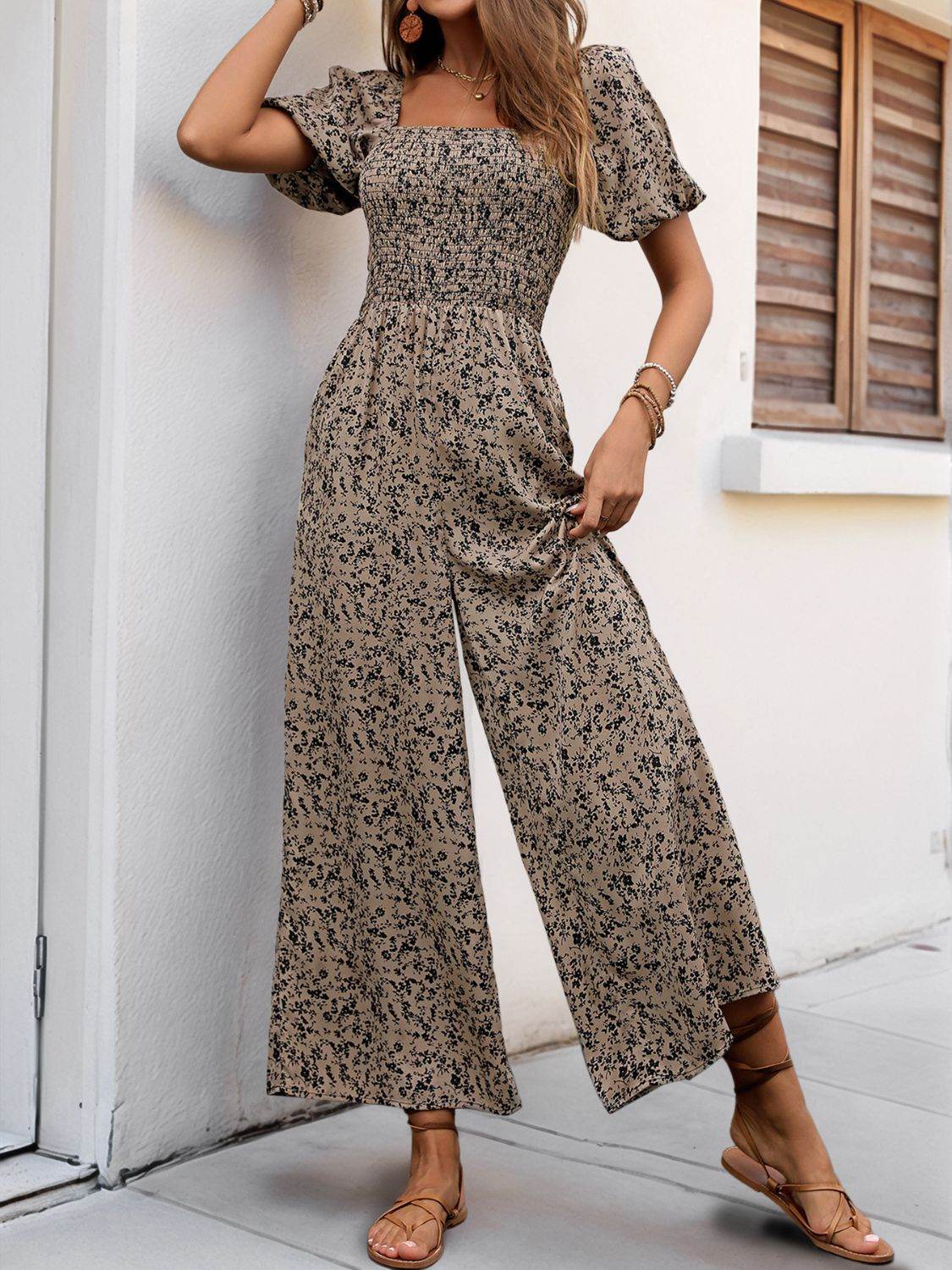 Perfee Smocked Printed Square Neck Puff Sleeve Jumpsuit - Selvanelle