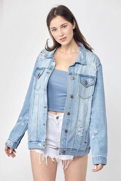 RISEN Full Size Distressed Long Sleeve Denim Jacket Plus Size - Selvanelle