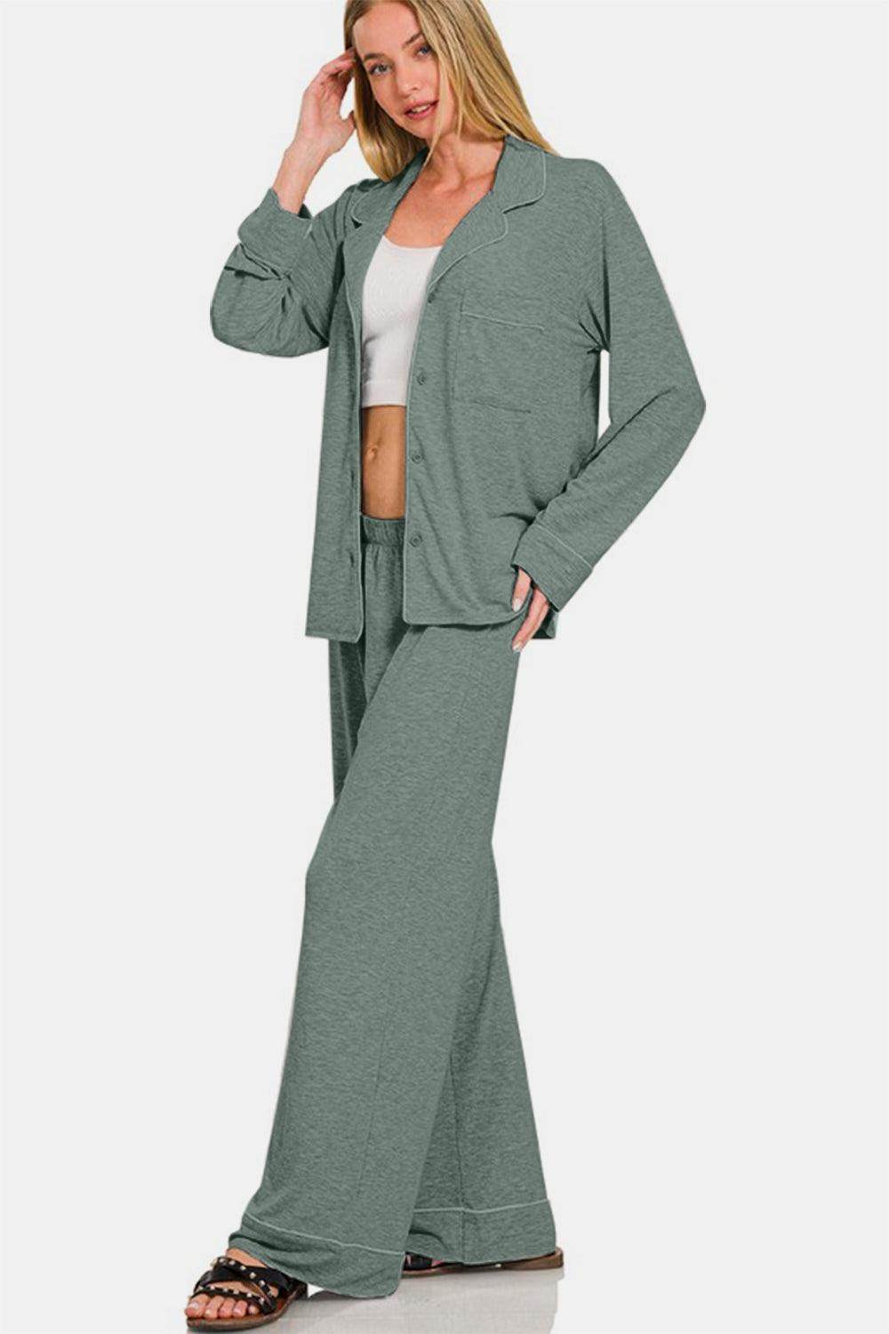 Zenana Button Down Long Sleeve Top and Pants Lounge Set - Selvanelle
