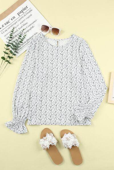 Printed Round Neck Flounce Sleeve Blouse for Women - Selvanelle