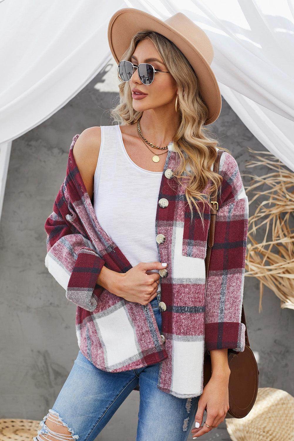 Plaid Button Up Dropped Shoulder Jacket for Women Stylish - Selvanelle