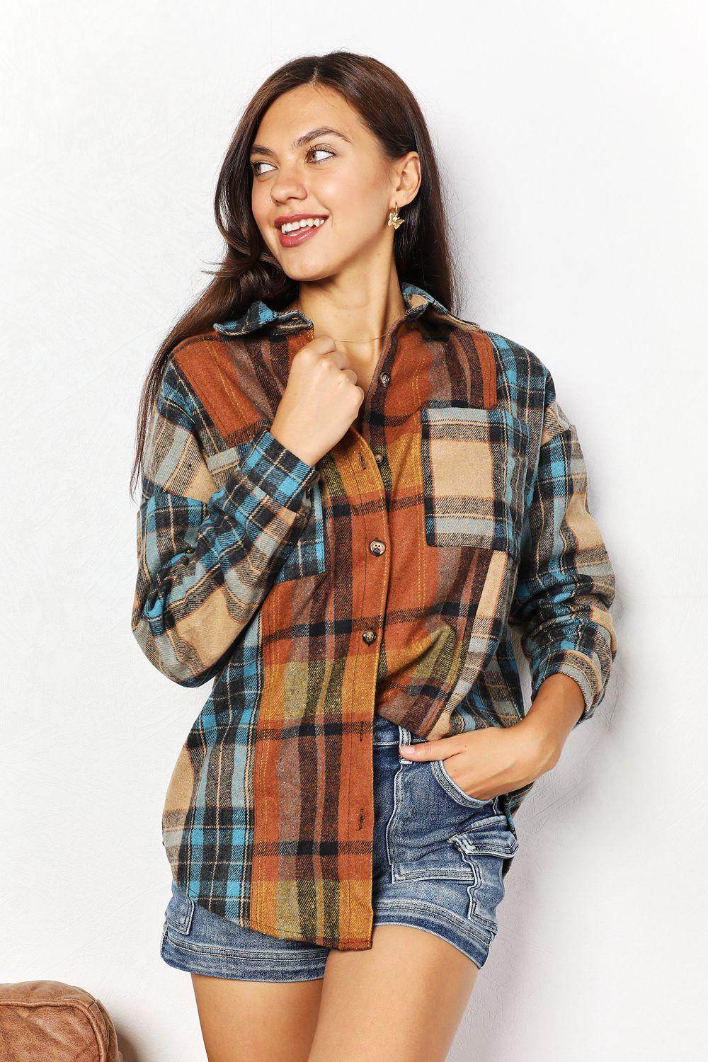 Double Take Plaid Curved Hem Shirt Jacket with Breast Pockets - Selvanelle
