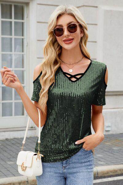 Sequin Cold Shoulder Short Sleeve Blouse for Women - Selvanelle