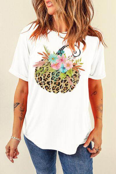 Pumpkin Graphic Round Neck Short Sleeve T-Shirt for Women - Selvanelle