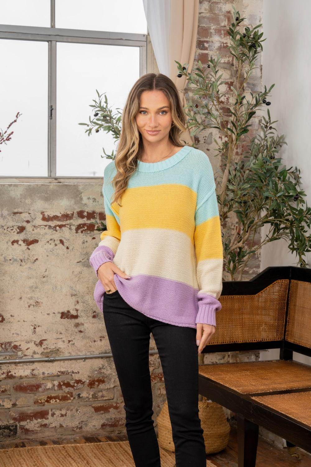Sew In Love Full Size Color Block Exposed Seam Sweater - Selvanelle