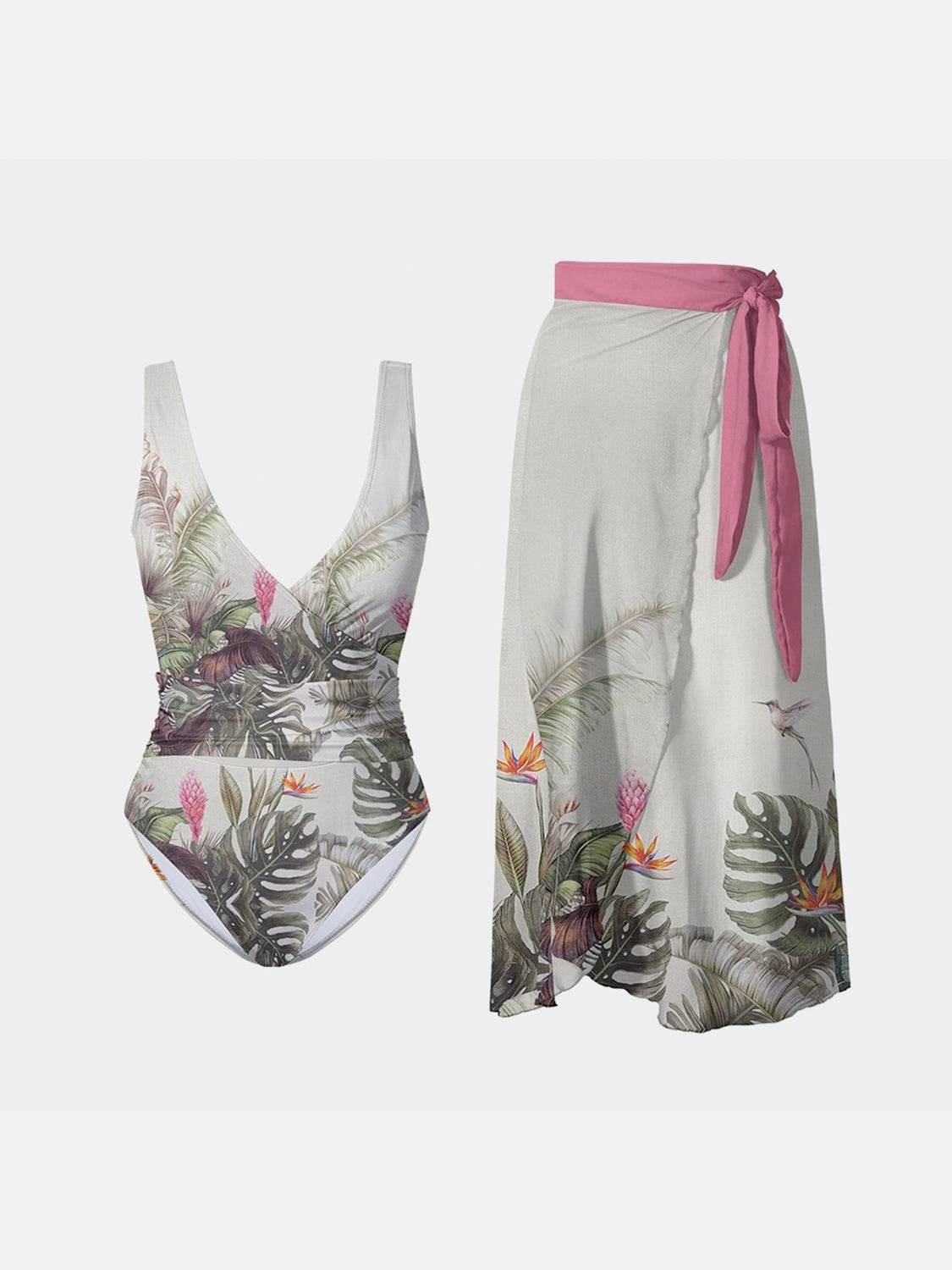 FAM-FAM Printed Surplice Wide Strap Swimwear and Skirt Swim Set - Selvanelle