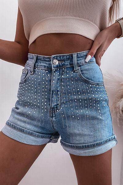 Rhinestone High Waist Denim Shorts for Stylish Summer Wear - Selvanelle