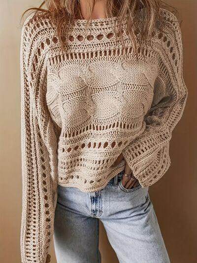 Hollow Out Cable-Knit Boat Neck Sweater for Women - Selvanelle