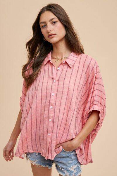 Annie Wear Striped Button Up Half Sleeve Shirt for Women - Selvanelle