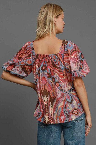 Umgee Full Size Abstract Print Smocked Square Neck Blouse - Selvanelle