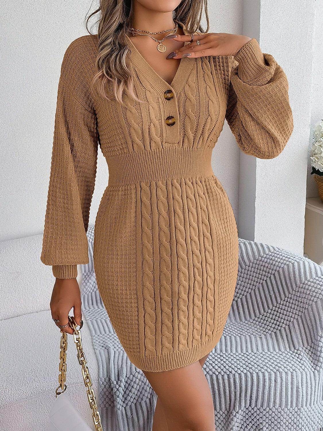 Buttoned Cable-Knit V-Neck Sweater Dress for Women - Selvanelle
