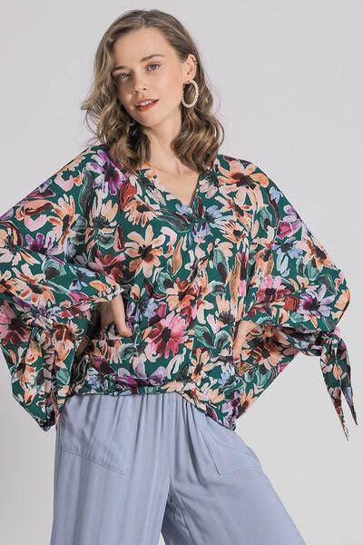 Umgee Full Size Floral V-Neck Tie Sleeve Blouse Plus Size - Selvanelle