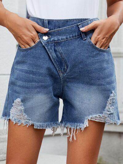 Distressed Raw Hem Asymmetric Waist Denim Shorts for Women - Selvanelle