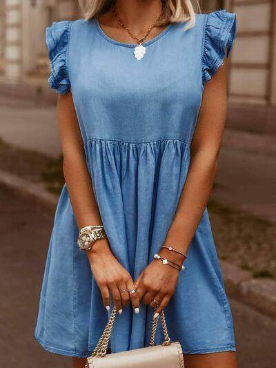 Full Size Ruffled Round Neck Cap Sleeve Denim Dress for Women - Selvanelle