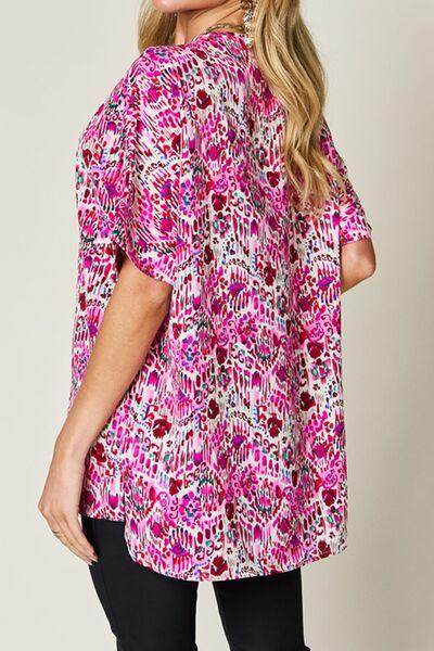 Double Take Full Size Printed V-Neck Short Sleeve Blouse - Selvanelle