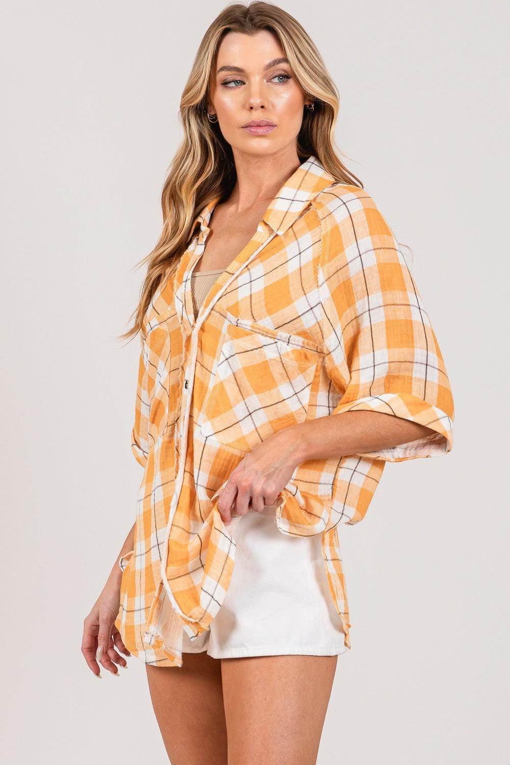 SAGE + FIG Plaid Button Up Side Slit Shirt for Women - Selvanelle