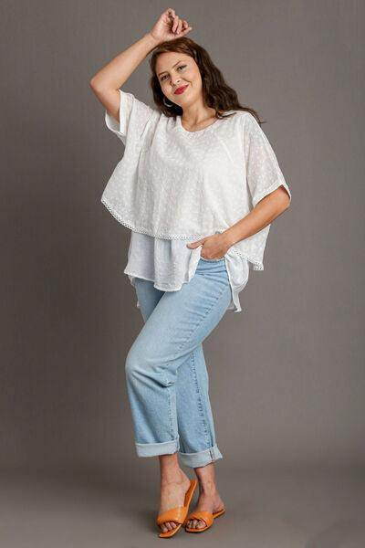 Umgee Full Size Eyelet Layered Short Sleeve Blouse Plus Size - Selvanelle