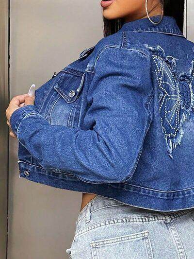 Butterfly Patch Long Sleeve Cropped Denim Top For Women - Selvanelle