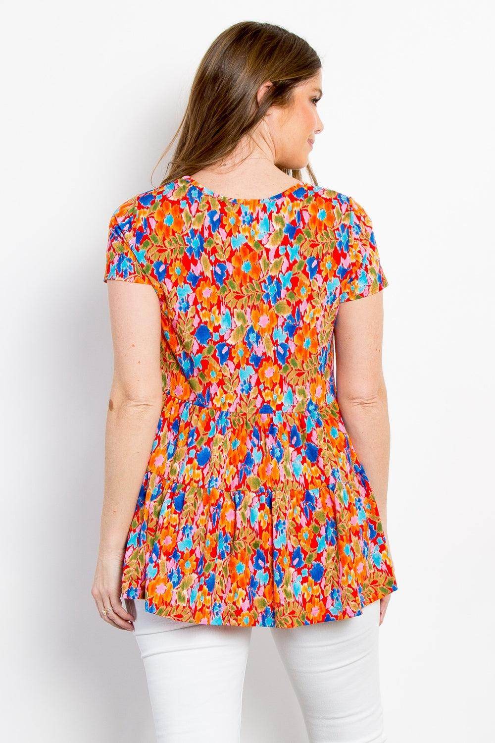 Be Stage Full Size Floral Short Sleeve Babydoll Top Women - Selvanelle