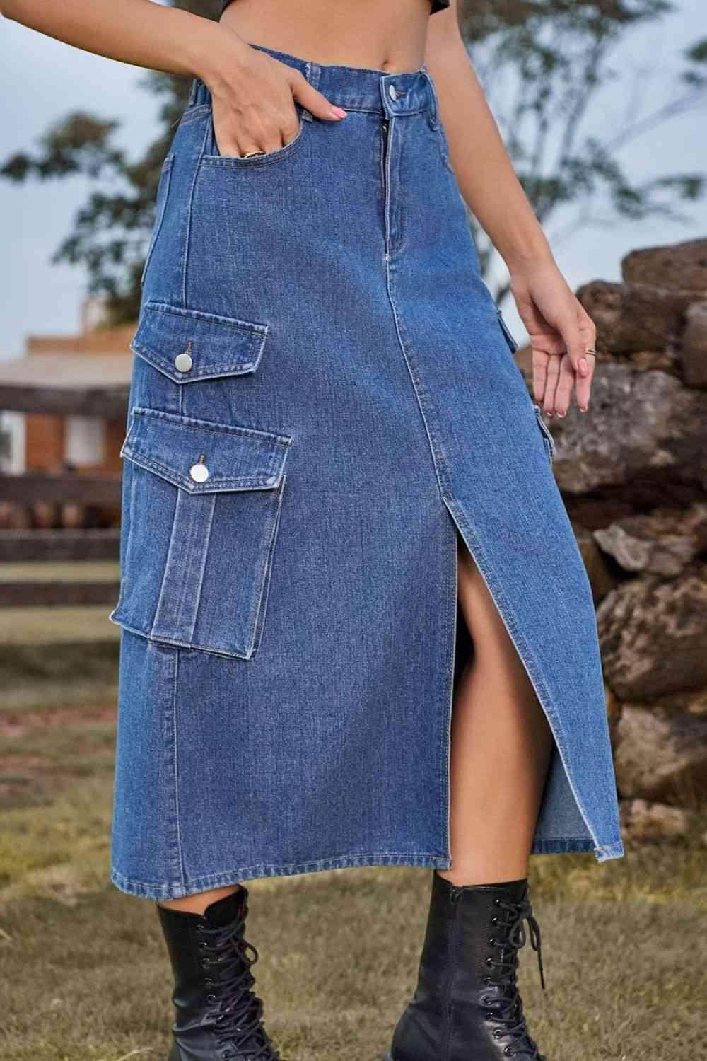 Slit Front Midi Denim Skirt with Pockets for Women - Selvanelle