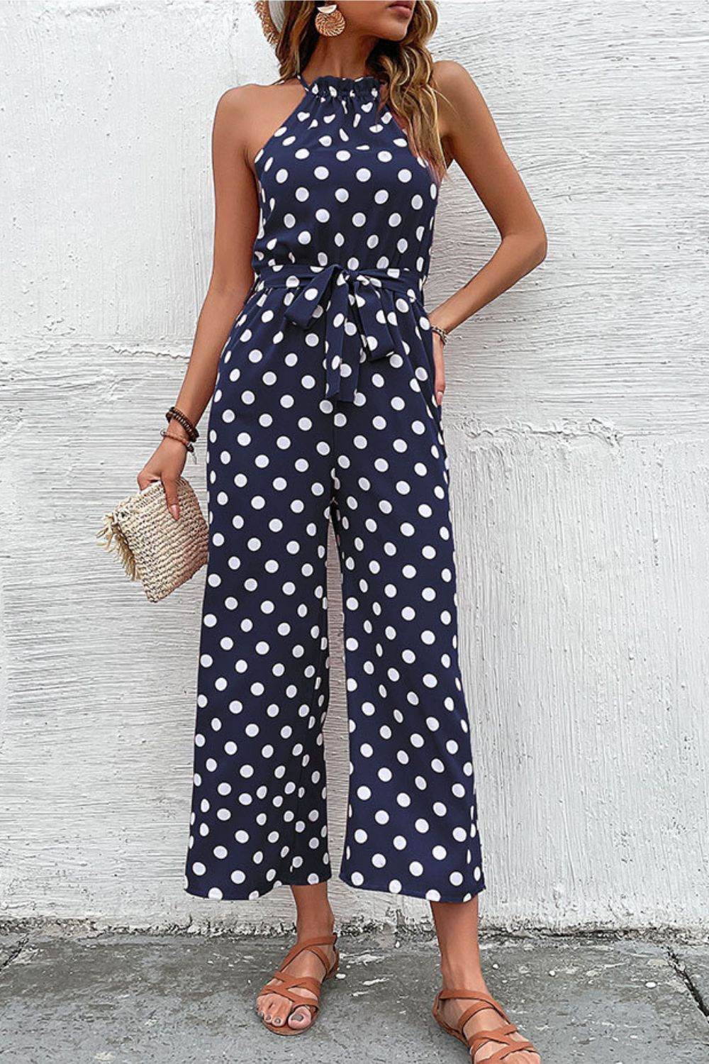 Perfee Polka Dot Grecian Wide Leg Jumpsuit - Selvanelle