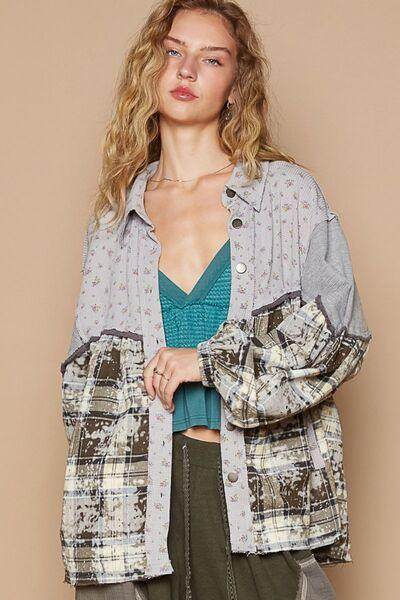 POL Balloon Sleeve Floral Color Block Plaid Shirt for Women - Selvanelle