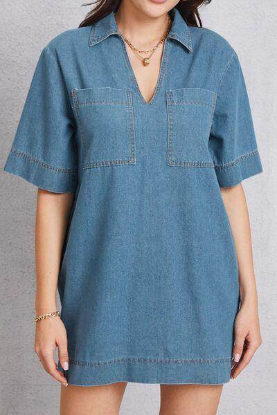Stylish Pocketed Collared Neck Mini Denim Dress for Women - Selvanelle