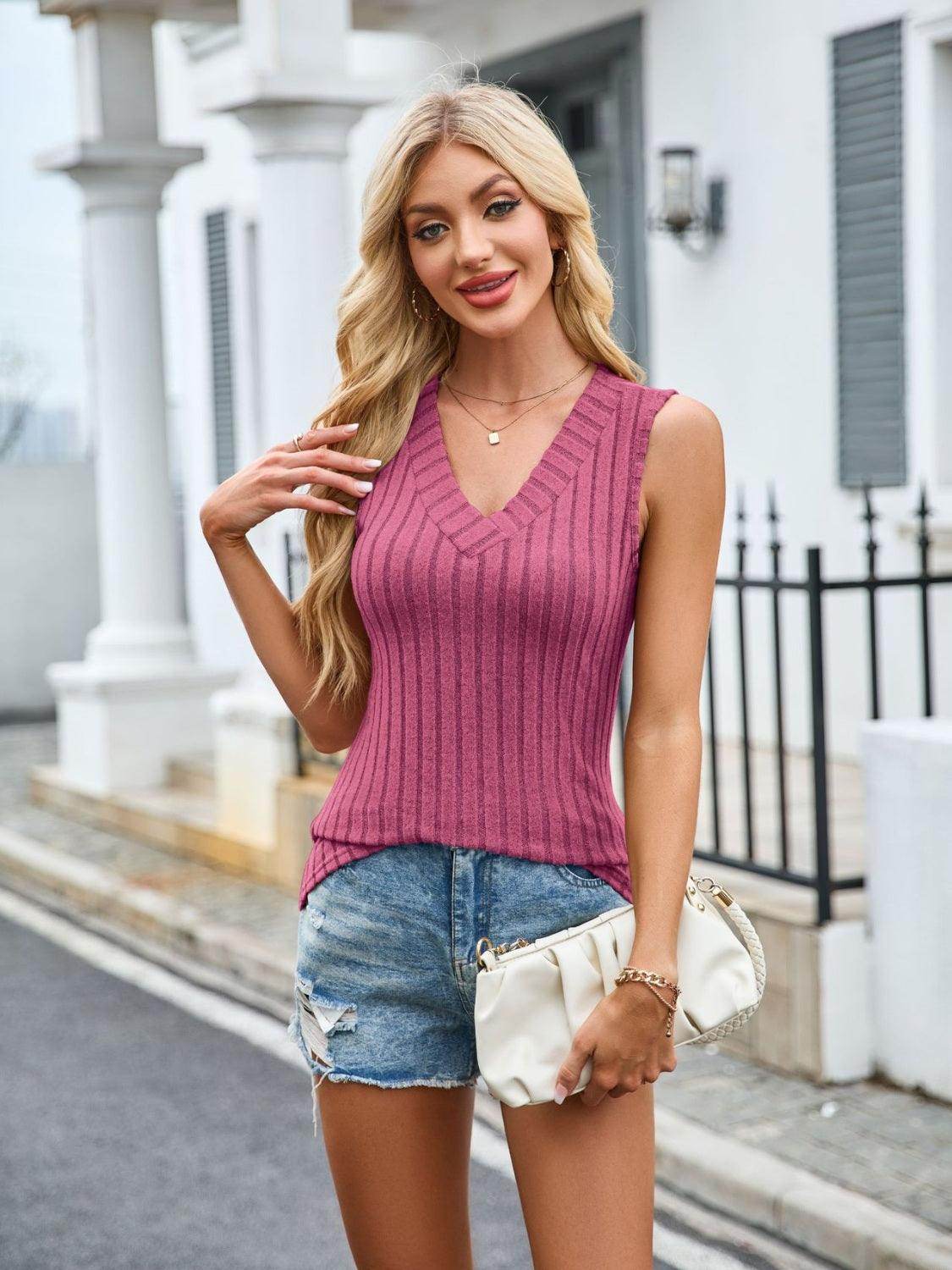 Ribbed Solid Color V-Neck Tank for Women Stylish Wear - Selvanelle