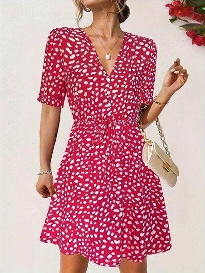 Printed V-Neck Short Sleeve Mini Dress for Women - Selvanelle