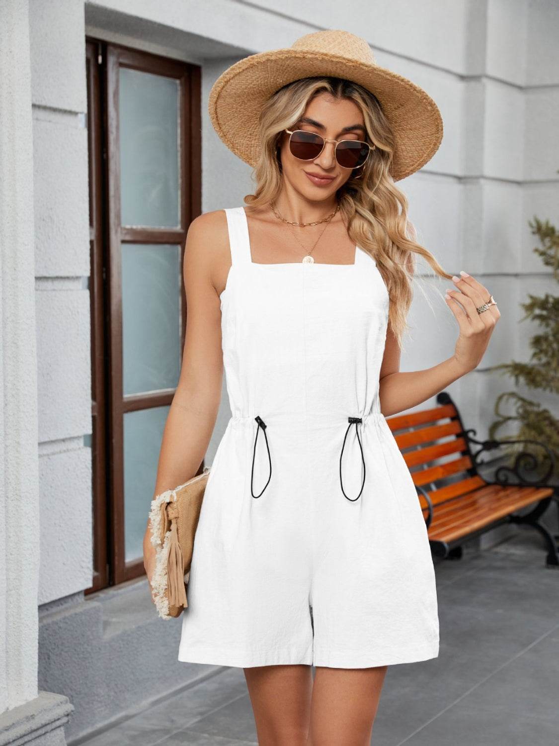 Drawstring Wide Strap Romper with Pockets - Selvanelle