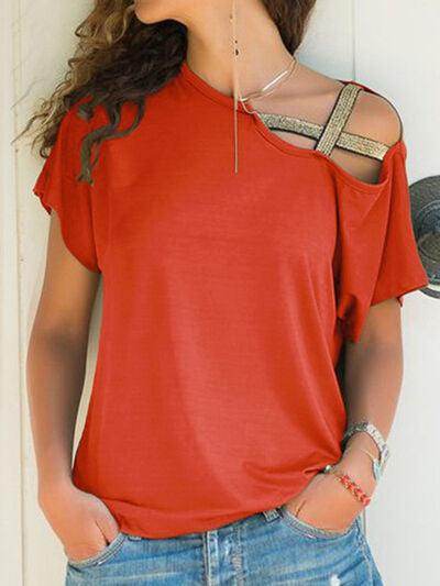 Asymmetrical Neck Short Sleeve T-Shirt for Women Fashion - Selvanelle