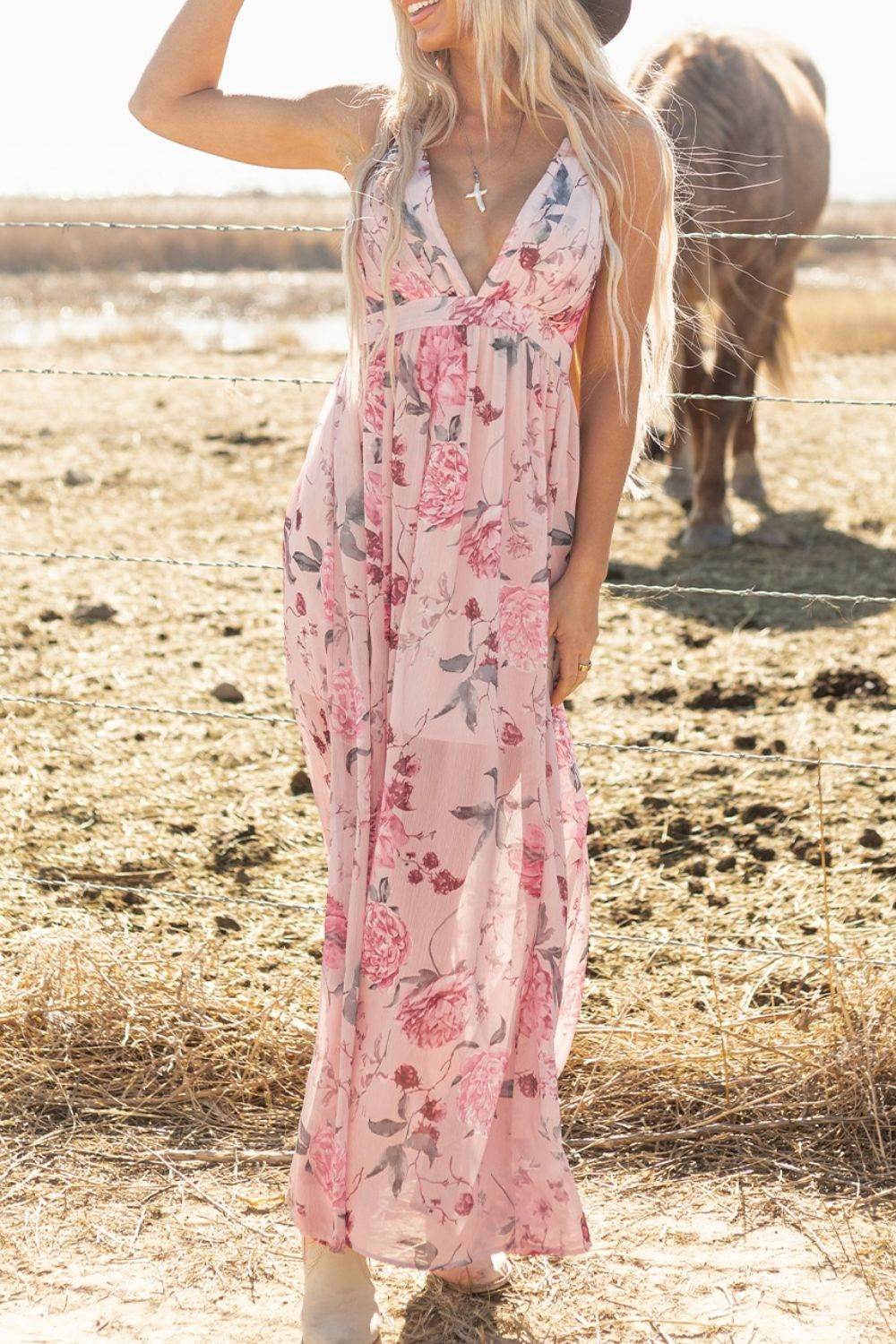 Floral Pleated Deep V Backless Maxi Dress - Selvanelle