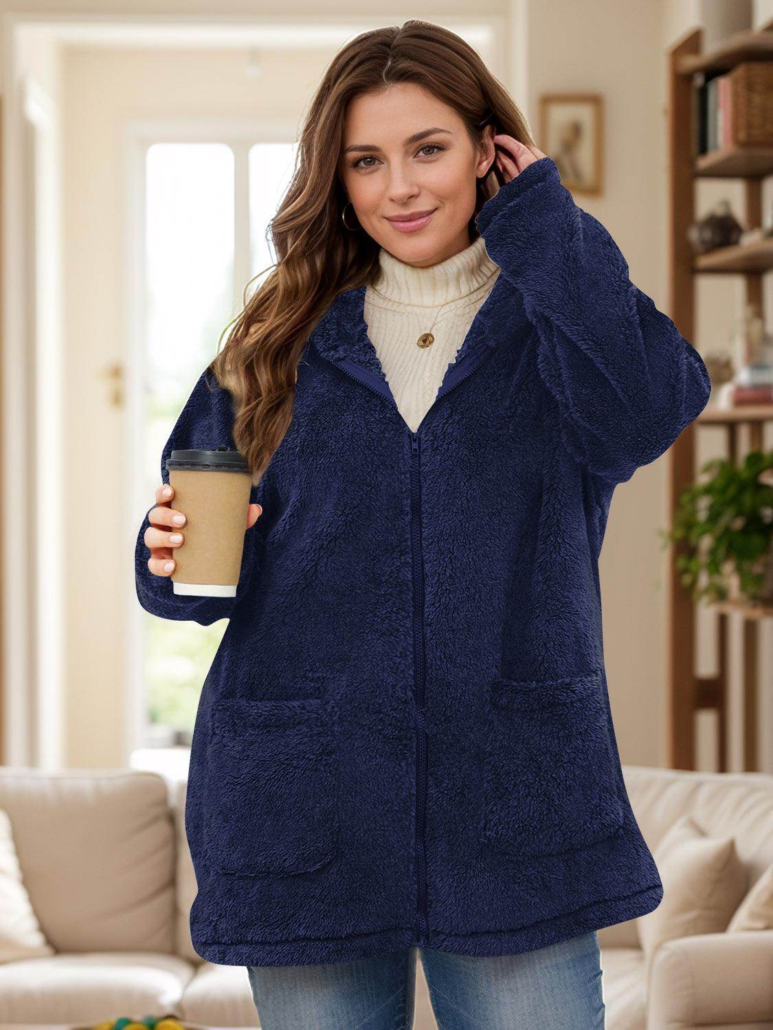 Plus Size Zip Up Long Sleeve Hooded Outerwear Jacket - Selvanelle