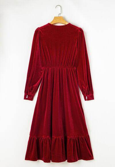 Ruffle Hem Slit V-Neck Long Sleeve Dress for Women - Selvanelle