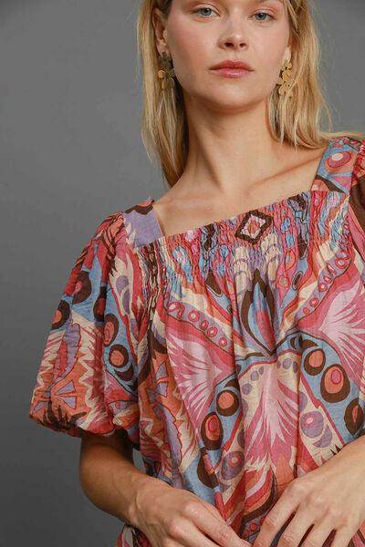 Umgee Full Size Abstract Print Smocked Square Neck Blouse - Selvanelle
