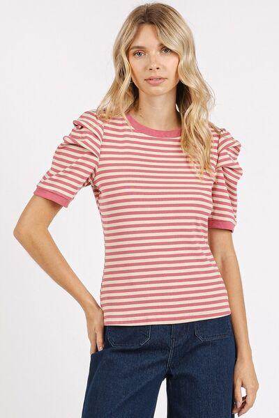 Mittoshop Striped Round Neck Puff Sleeve T-Shirt for Women - Selvanelle