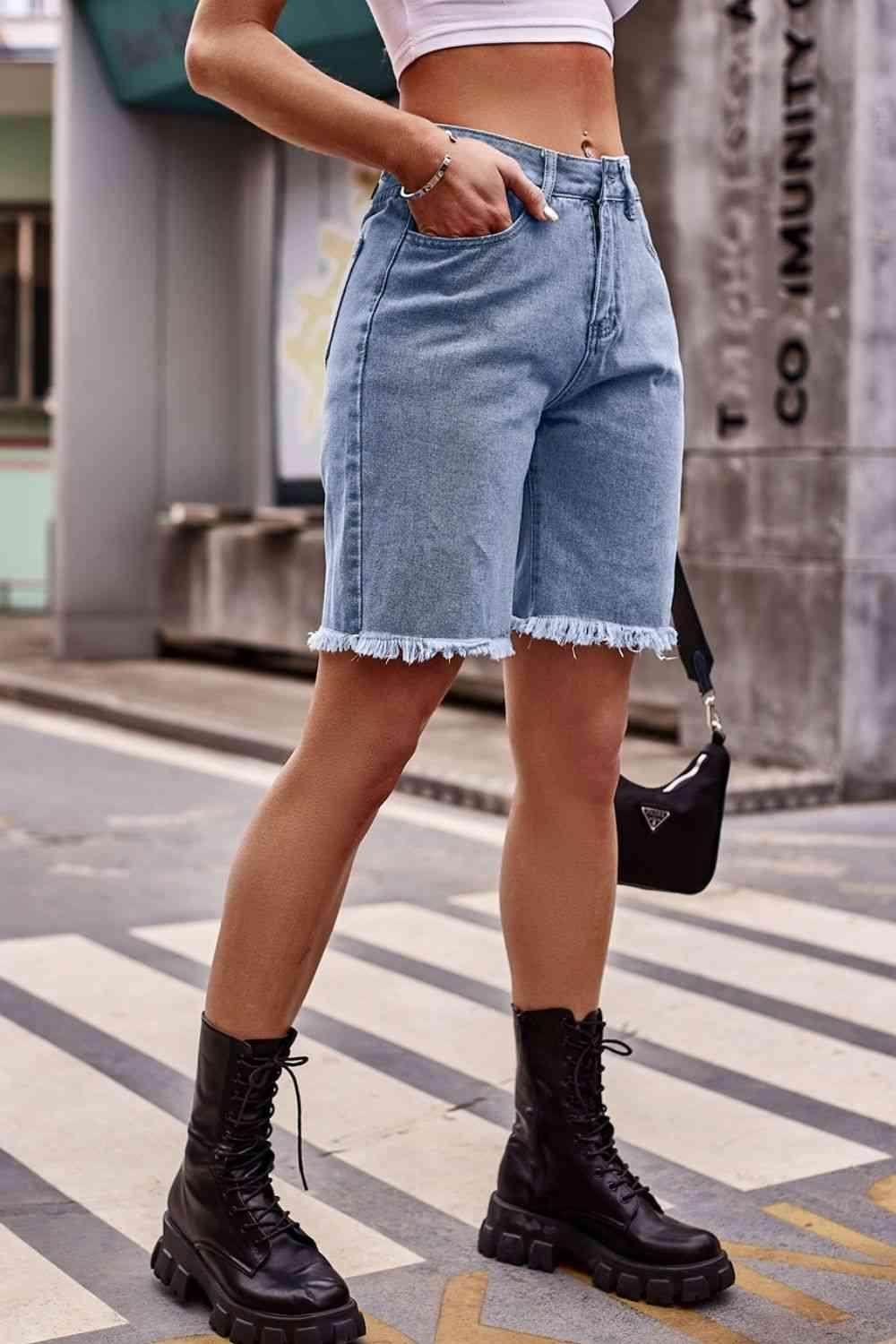 Raw Hem Denim Shorts with Pockets for Casual Chic Style - Selvanelle