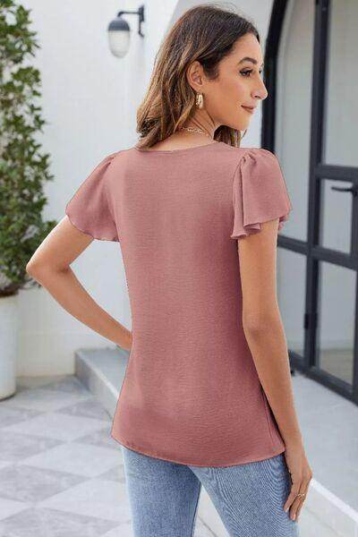 Frill Square Neck Flutter Sleeve Blouse in Polyester - Selvanelle