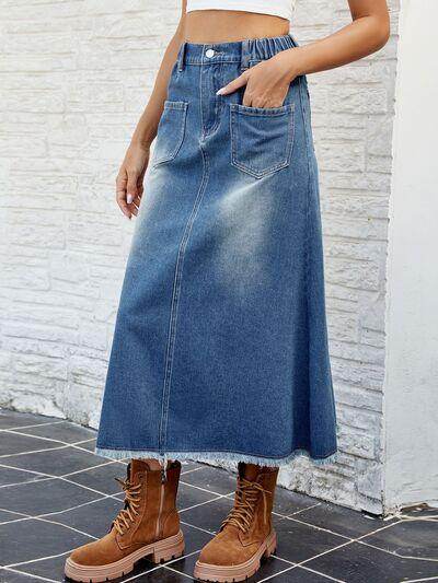 Raw Hem Buttoned Denim Skirt with Pockets for Women - Selvanelle