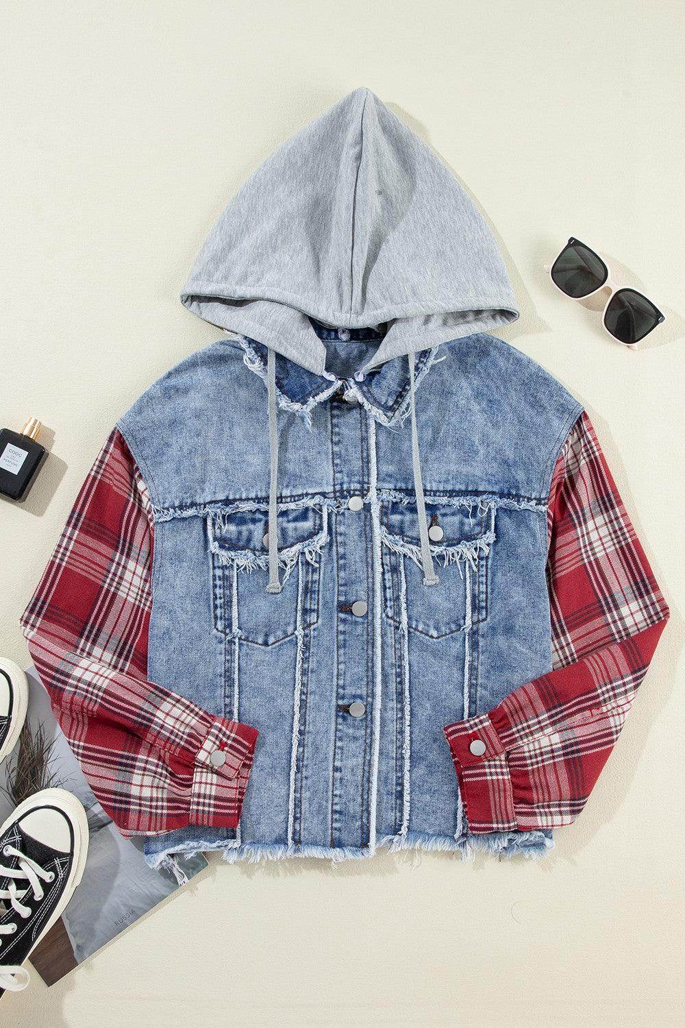 Raw Hem Drawstring Plaid Denim Jacket for Women - Selvanelle